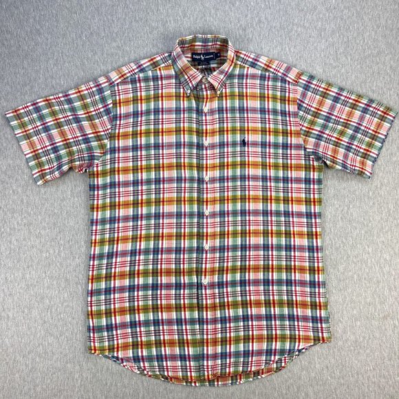 Vintage Ralph Lauren Shirt Mens M Blaire 100% Cotton Plaid Short Sleeve Button - Picture 1 of 6